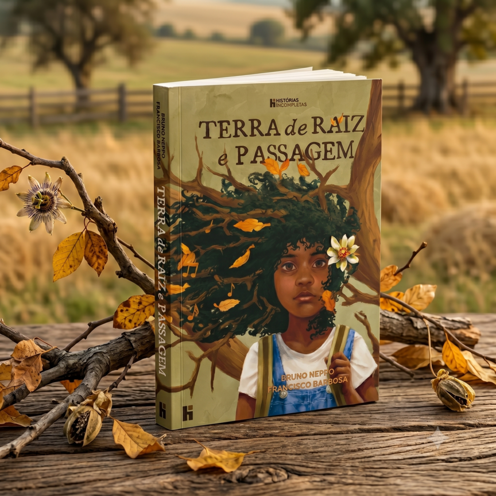 Livro Terra de Raiz e Passagem sobre uma mesa de madeira cercado por ramos de maracujá em um ambiente rural